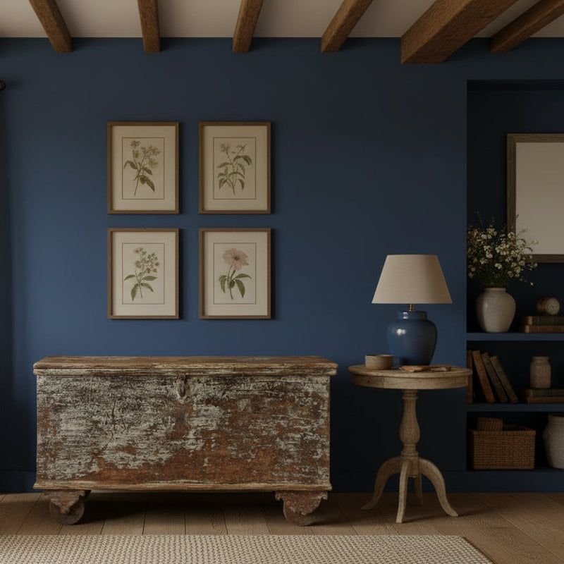 distressed blue vintage trunk with wheels on a blue background