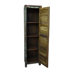 Wild Single Tall single door cabinet made from reclaimed multi colour wood , view of the inside door open showing 3 inner shelves