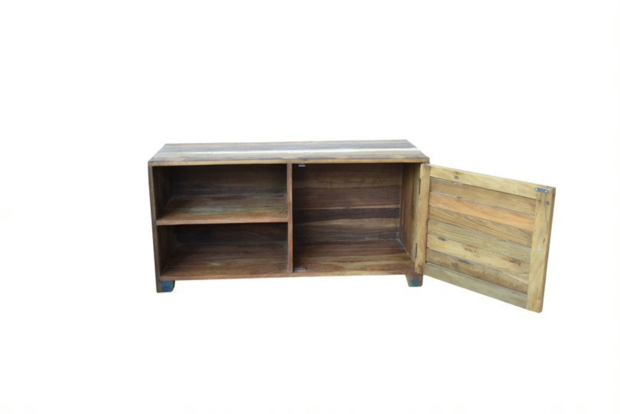 Wild TV Unit handmade from Solid reclaimed front view of unit with open door on right hand side