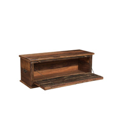 Wooden shoe storage trunk with side view of open door