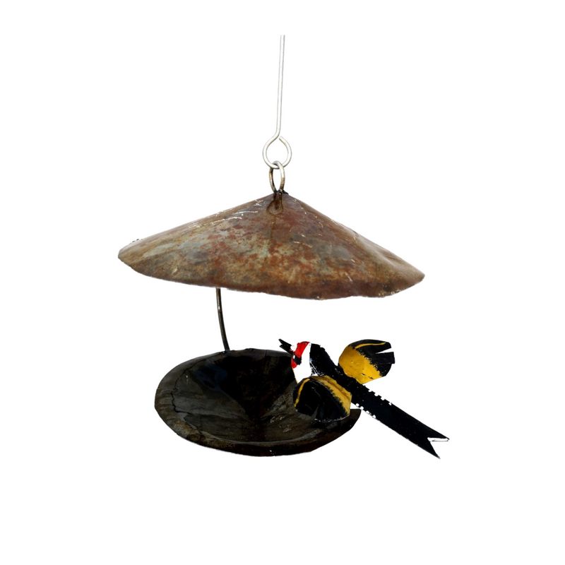 Recycled Metal Bird Feeder with Goldfinch side view 