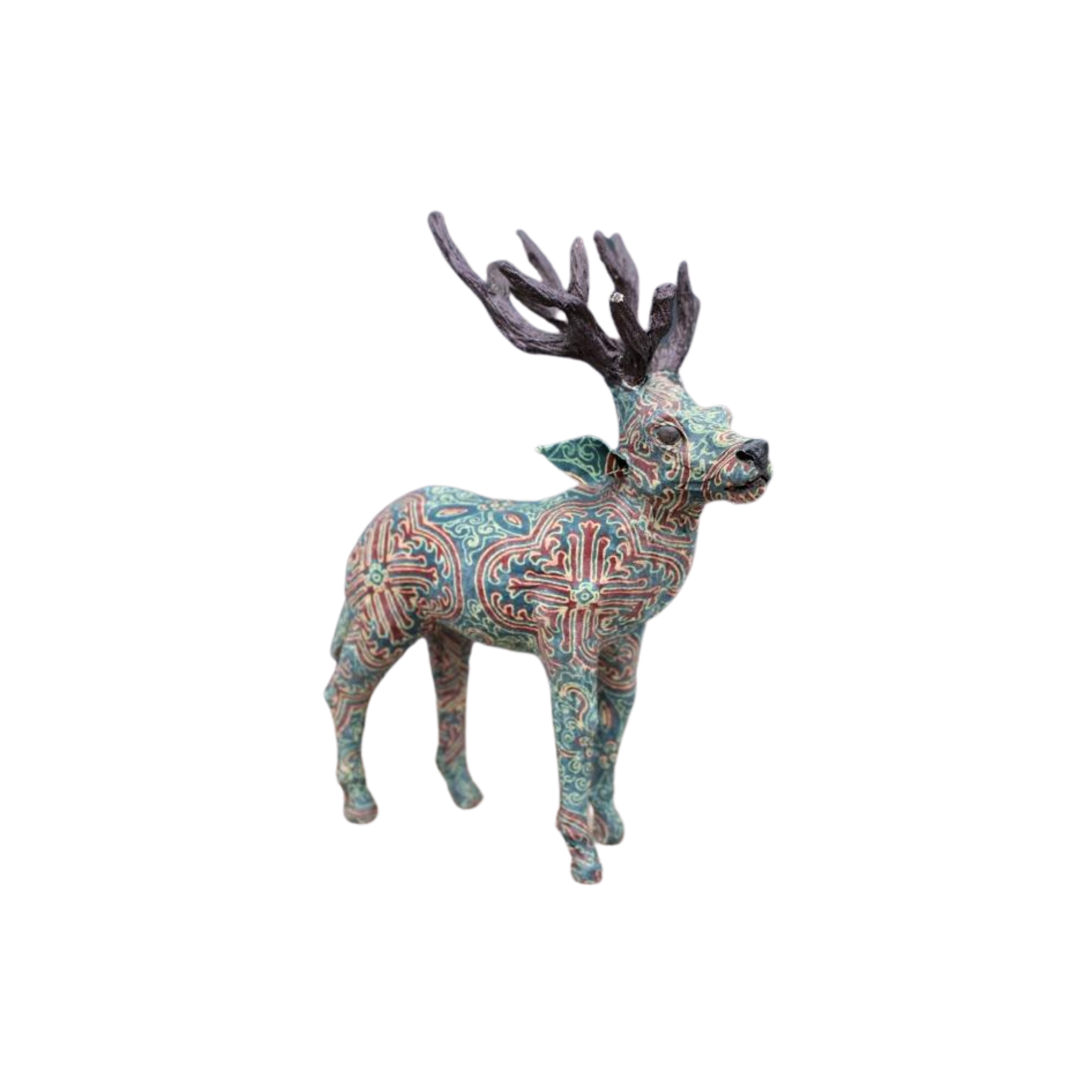 Reindeer Paper Mache Side View With red and green patterned bodies