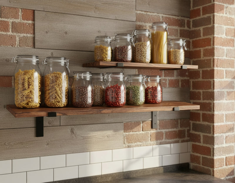 2 wall reclaimed wood shelves with black brackets on a rustic kitchen brick wall 