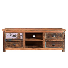 media unit consolde made of reclaimed wood with 4 drawers and 2 open shelves front view