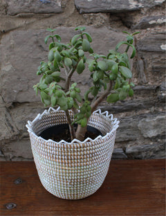 zigzag pattern white basket made out of recycled plastic and straw, planter