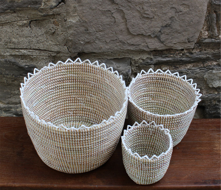 zigzag pattern white basket made out of recycled plastic and straw